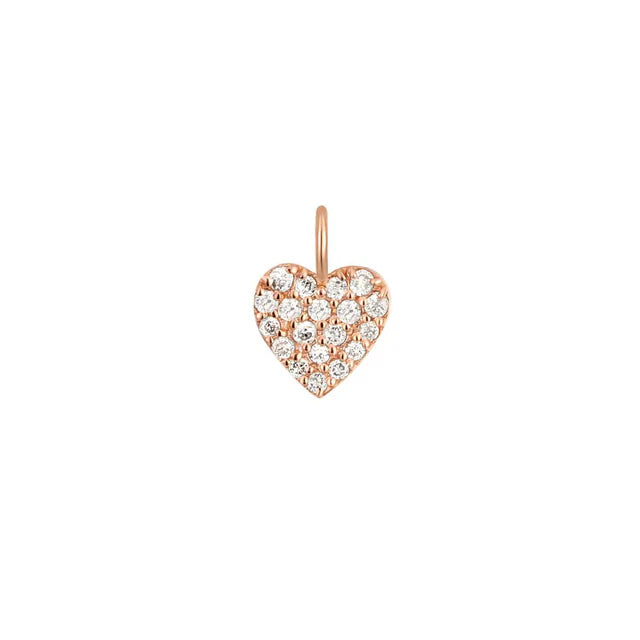 Heart-shaped pendant with rose gold border and clear stones on a white background