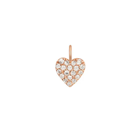 Heart-shaped pendant with rose gold border and clear stones on a white background